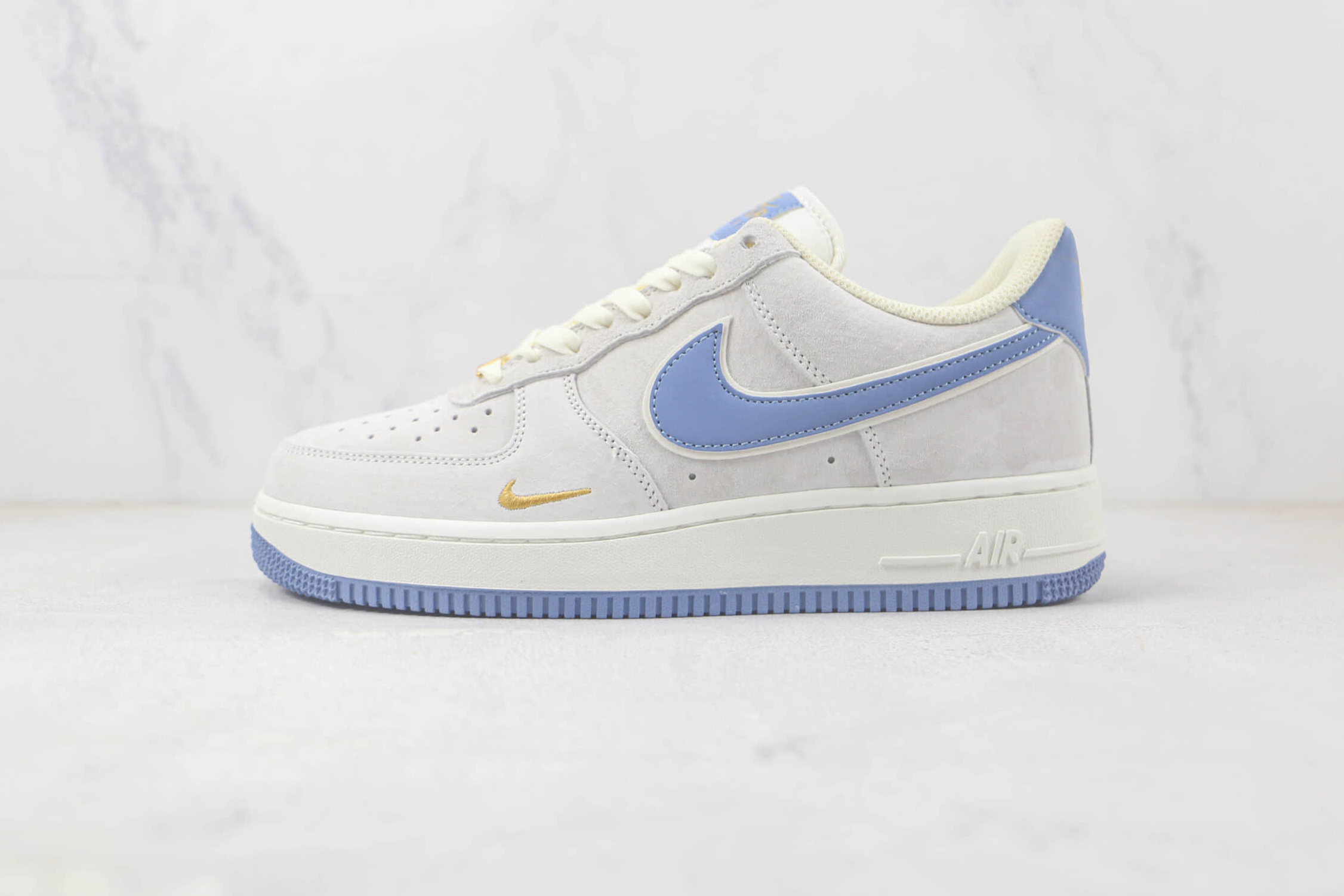 Nike Air Force 1 07 Low Suede Light Grey Blue Gold KK5636-210 - Premium Style with a Touch of Elegance